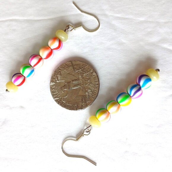 Handmade Rainbow Striped Earrings With Yellow Beads On Silver Plated Fishhooks - Picture 9 of 15